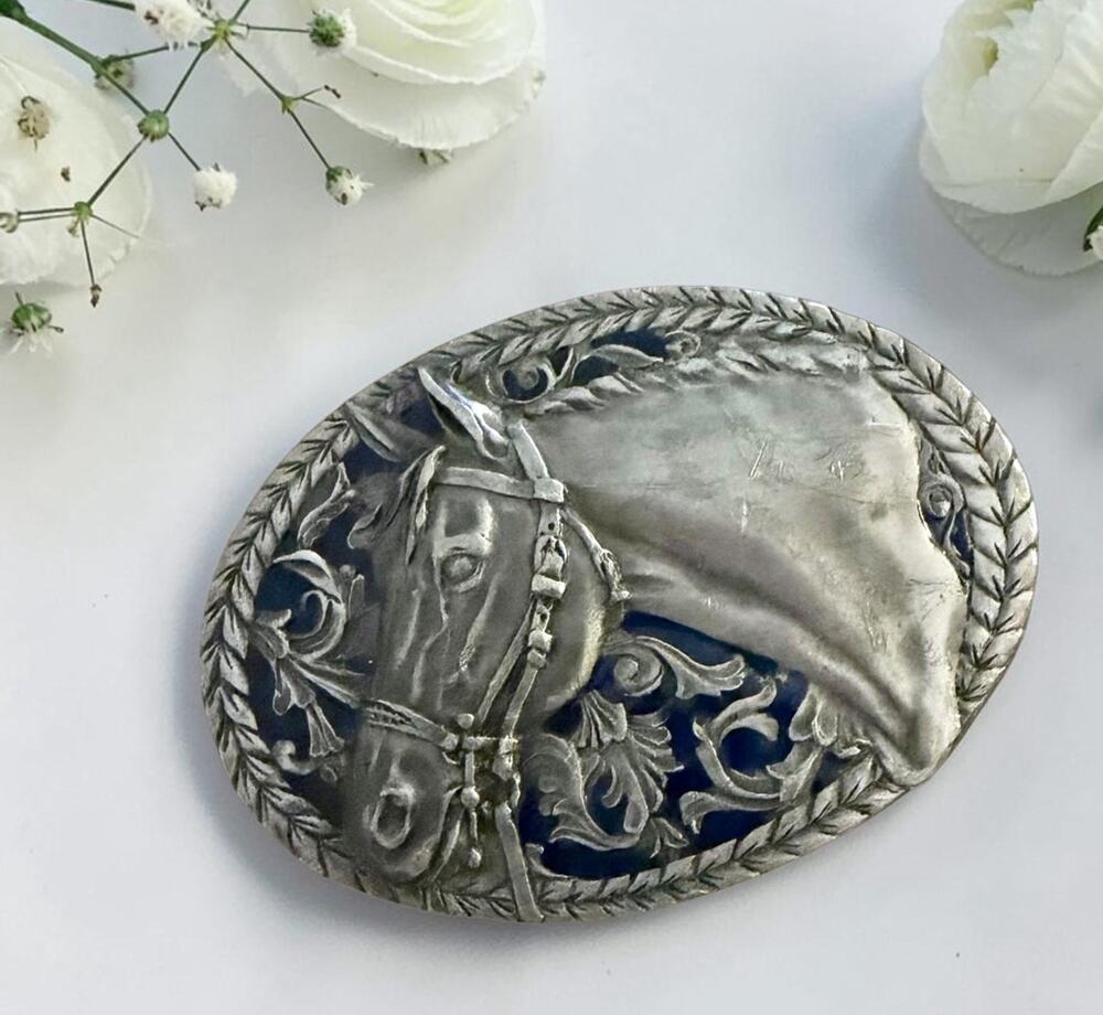 Vintage 1990 HORSE Belt Buckle With Blue Enamel Silver Toned 3784/24